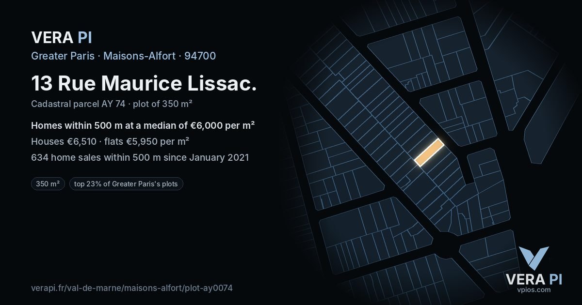 13 Rue Maurice Lissac, Maisons-Alfort at night – the plot lit, the parcels around coloured by the prices near them
