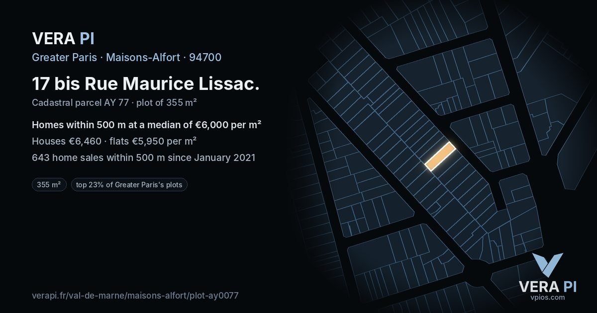 17 bis Rue Maurice Lissac, Maisons-Alfort at night – the plot lit, the parcels around coloured by the prices near them