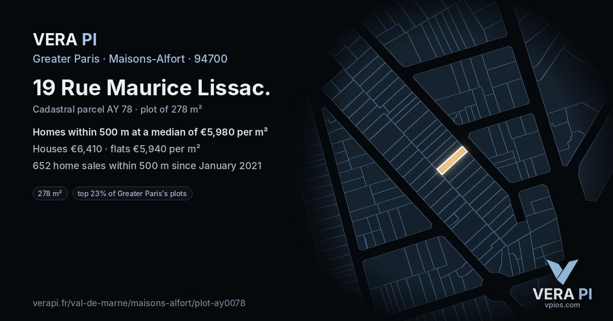 19 Rue Maurice Lissac, Maisons-Alfort at night – the plot lit, the parcels around coloured by the prices near them