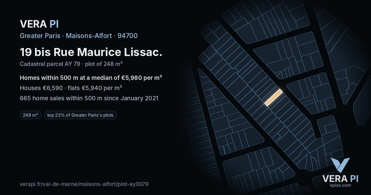 19 bis Rue Maurice Lissac, Maisons-Alfort at night – the plot lit, the parcels around coloured by the prices near them