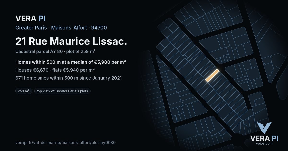 21 Rue Maurice Lissac, Maisons-Alfort at night – the plot lit, the parcels around coloured by the prices near them