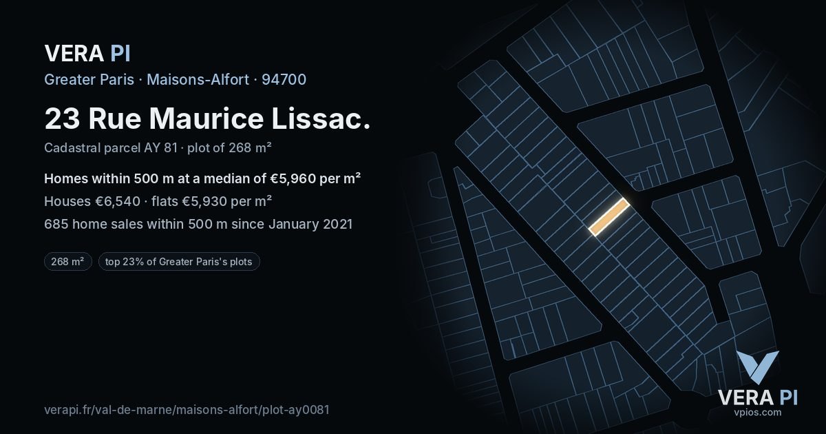 23 Rue Maurice Lissac, Maisons-Alfort at night – the plot lit, the parcels around coloured by the prices near them