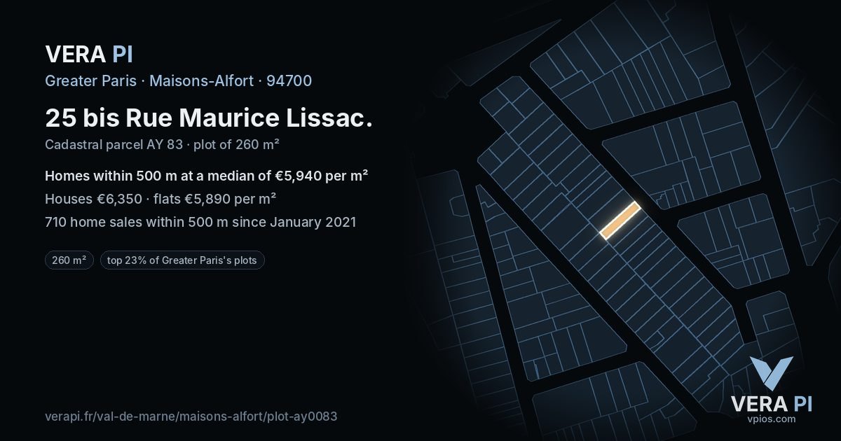 25 bis Rue Maurice Lissac, Maisons-Alfort at night – the plot lit, the parcels around coloured by the prices near them