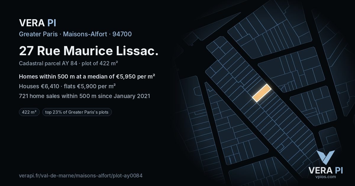 27 Rue Maurice Lissac, Maisons-Alfort at night – the plot lit, the parcels around coloured by the prices near them