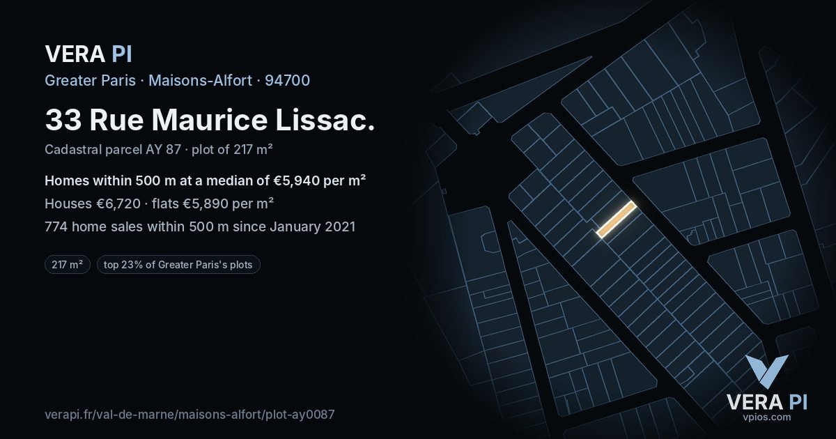 33 Rue Maurice Lissac, Maisons-Alfort at night – the plot lit, the parcels around coloured by the prices near them
