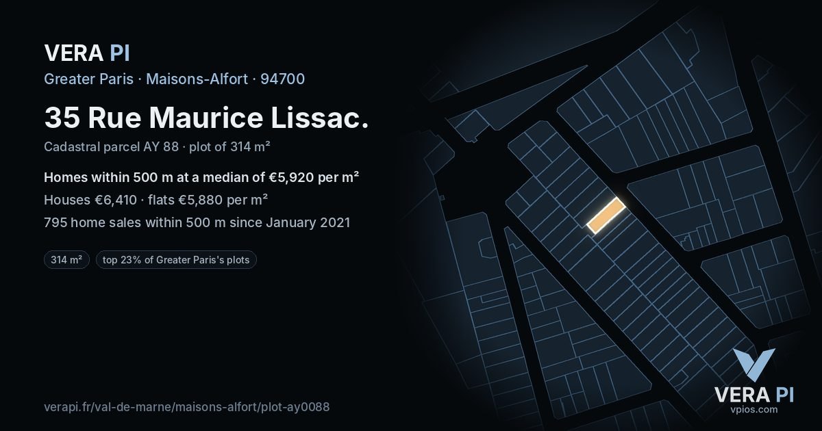 35 Rue Maurice Lissac, Maisons-Alfort at night – the plot lit, the parcels around coloured by the prices near them
