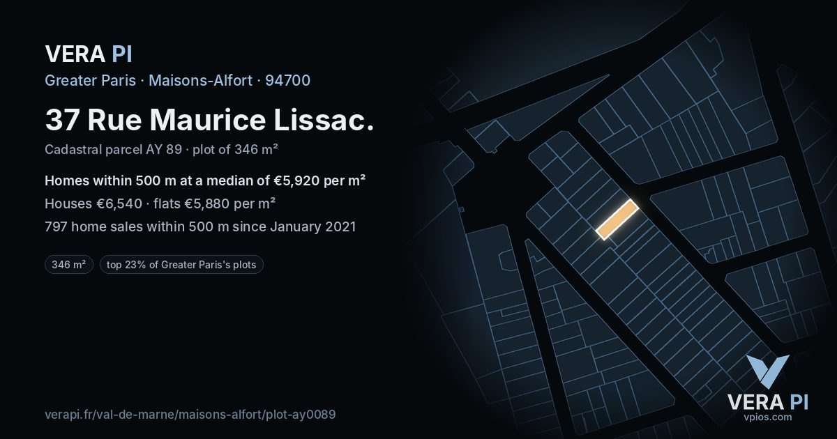 37 Rue Maurice Lissac, Maisons-Alfort at night – the plot lit, the parcels around coloured by the prices near them
