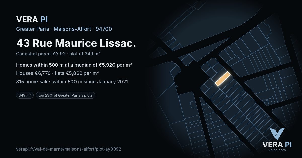 43 Rue Maurice Lissac, Maisons-Alfort at night – the plot lit, the parcels around coloured by the prices near them