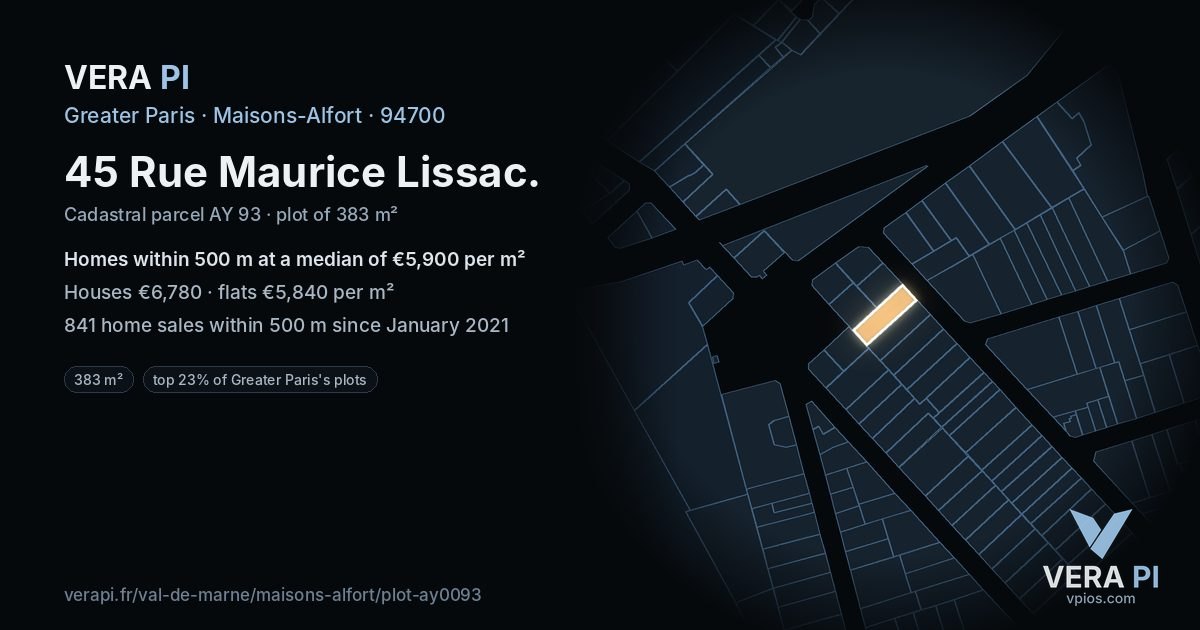45 Rue Maurice Lissac, Maisons-Alfort at night – the plot lit, the parcels around coloured by the prices near them