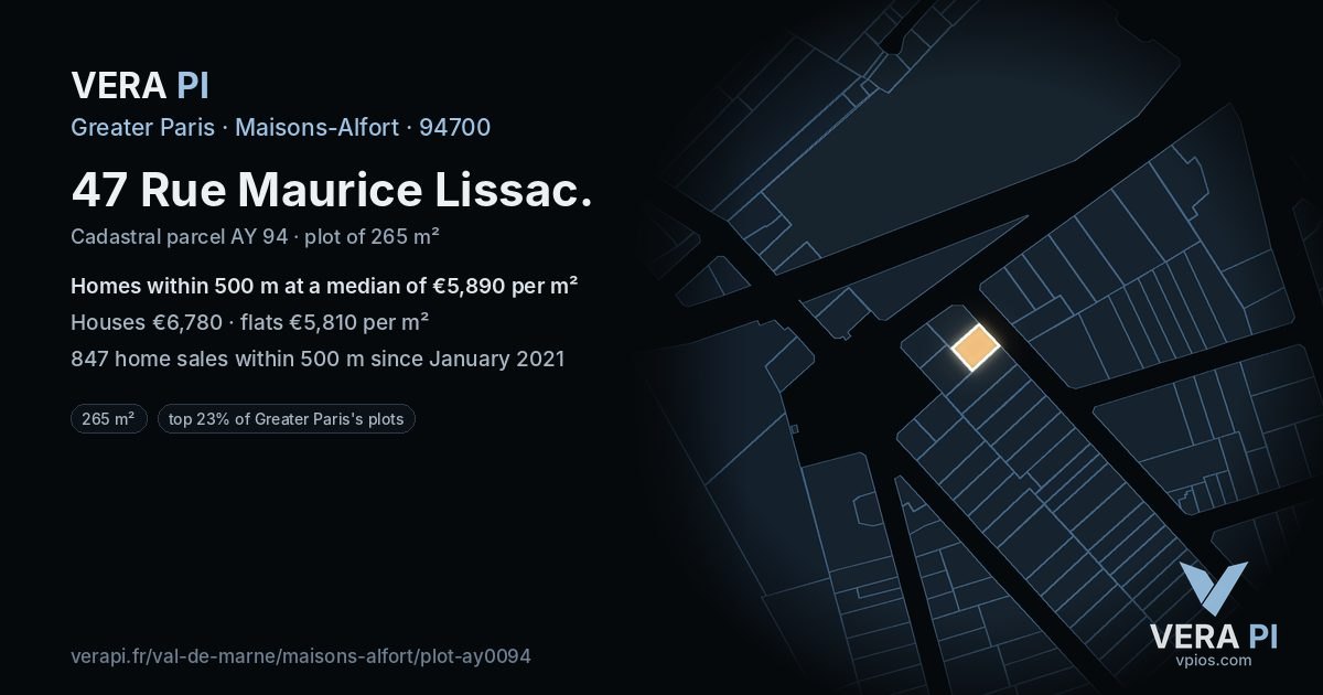 47 Rue Maurice Lissac, Maisons-Alfort at night – the plot lit, the parcels around coloured by the prices near them