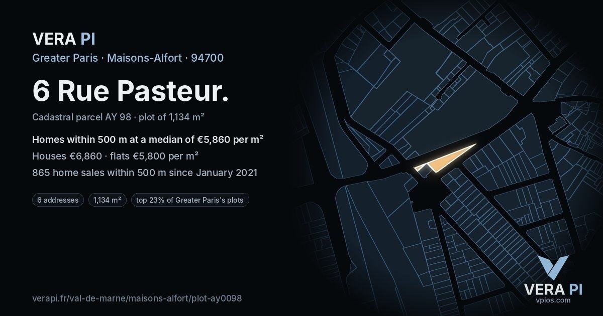 6 Rue Pasteur, Maisons-Alfort at night – the plot lit, the parcels around coloured by the prices near them