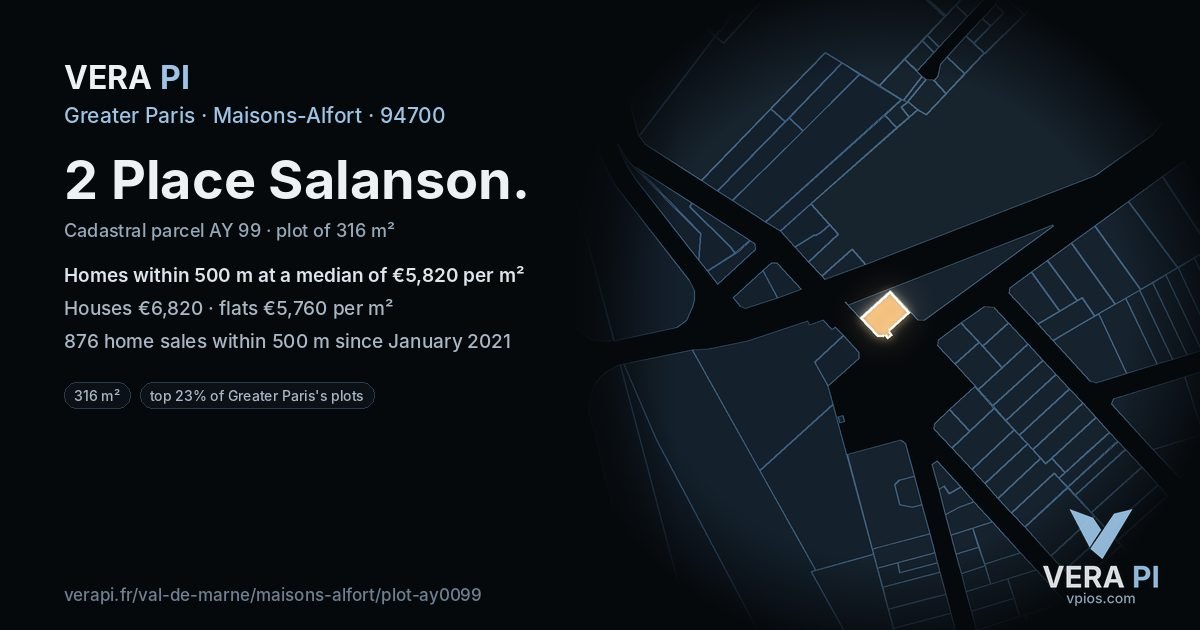 2 Place Salanson, Maisons-Alfort at night – the plot lit, the parcels around coloured by the prices near them