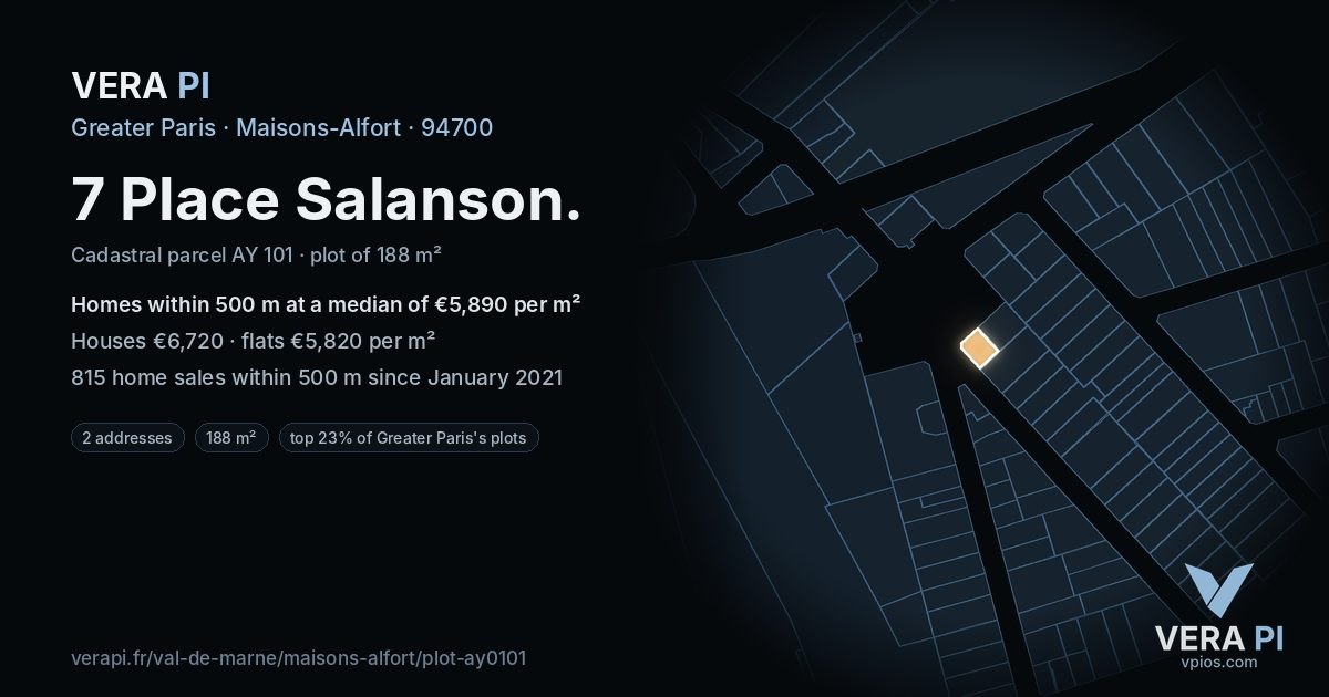 7 Place Salanson, Maisons-Alfort at night – the plot lit, the parcels around coloured by the prices near them
