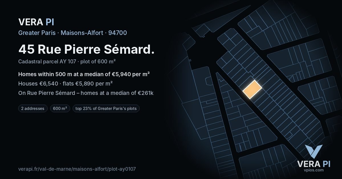 45 Rue Pierre Sémard, Maisons-Alfort at night – the plot lit, the parcels around coloured by the prices near them