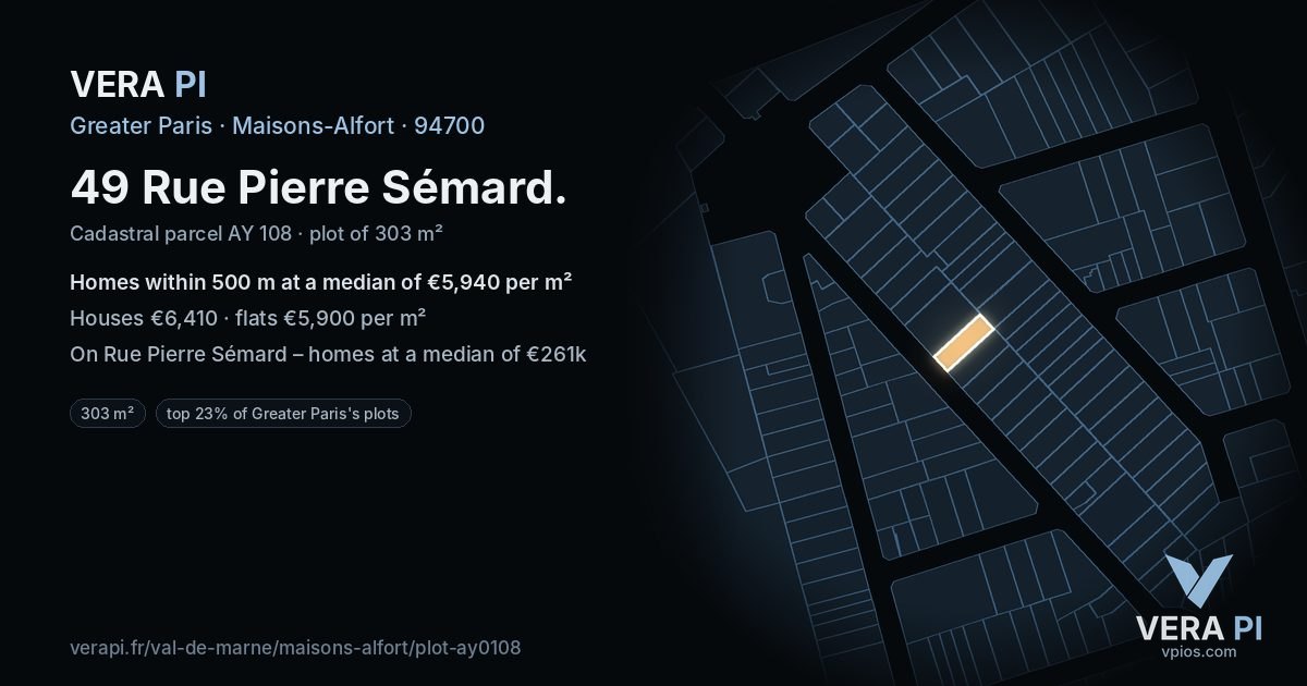 49 Rue Pierre Sémard, Maisons-Alfort at night – the plot lit, the parcels around coloured by the prices near them