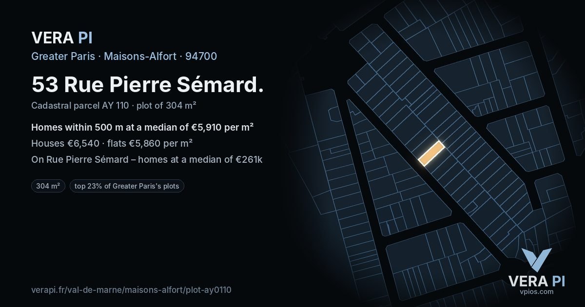 53 Rue Pierre Sémard, Maisons-Alfort at night – the plot lit, the parcels around coloured by the prices near them