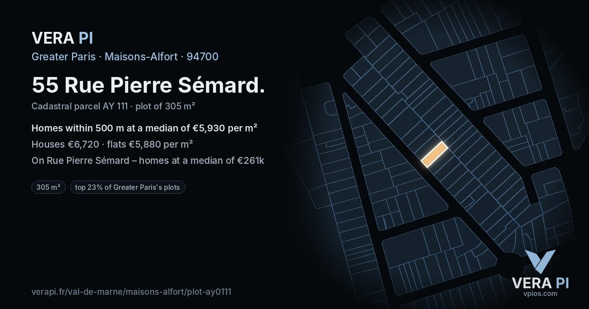 55 Rue Pierre Sémard, Maisons-Alfort at night – the plot lit, the parcels around coloured by the prices near them