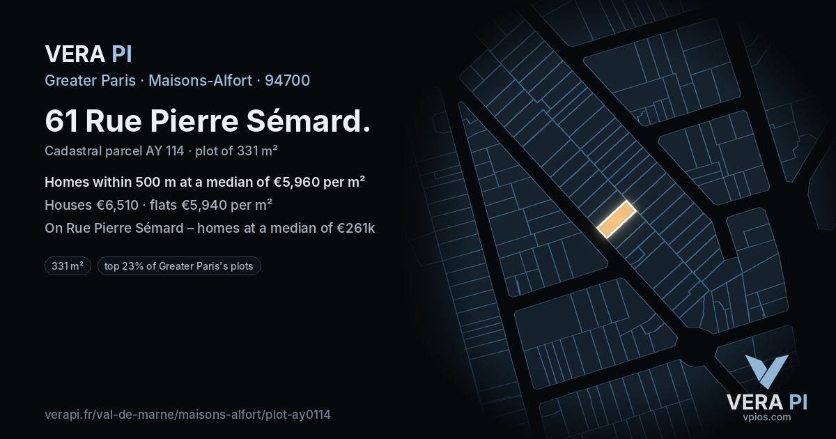 61 Rue Pierre Sémard, Maisons-Alfort at night – the plot lit, the parcels around coloured by the prices near them