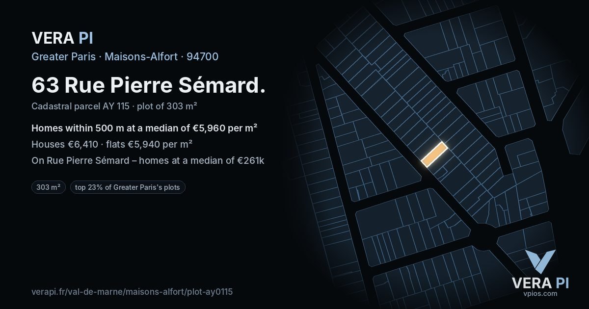 63 Rue Pierre Sémard, Maisons-Alfort at night – the plot lit, the parcels around coloured by the prices near them