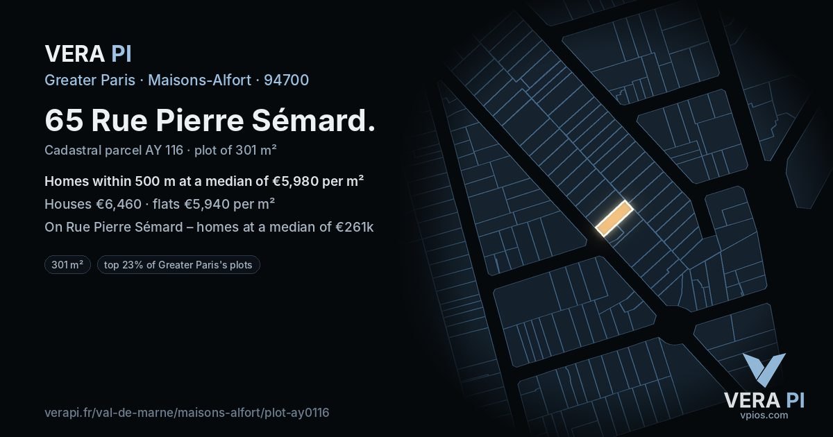 65 Rue Pierre Sémard, Maisons-Alfort at night – the plot lit, the parcels around coloured by the prices near them