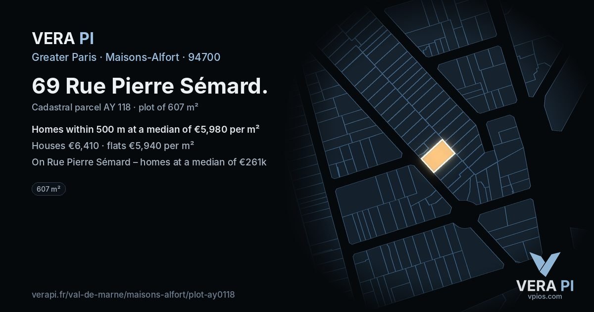 69 Rue Pierre Sémard, Maisons-Alfort at night – the plot lit, the parcels around coloured by the prices near them