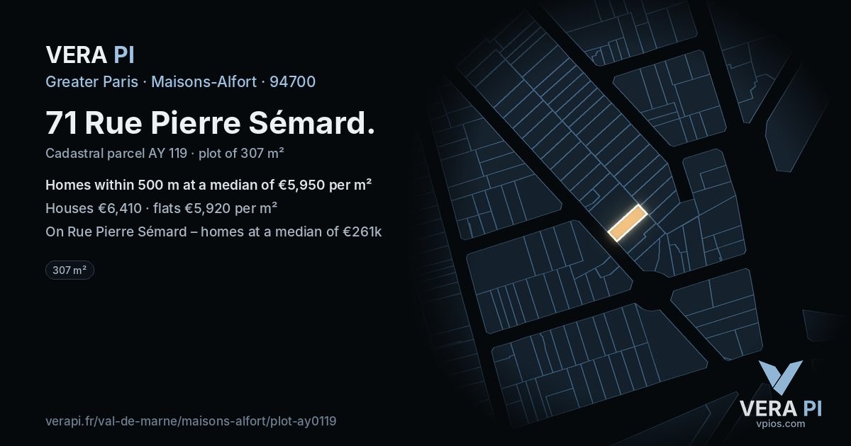 71 Rue Pierre Sémard, Maisons-Alfort at night – the plot lit, the parcels around coloured by the prices near them