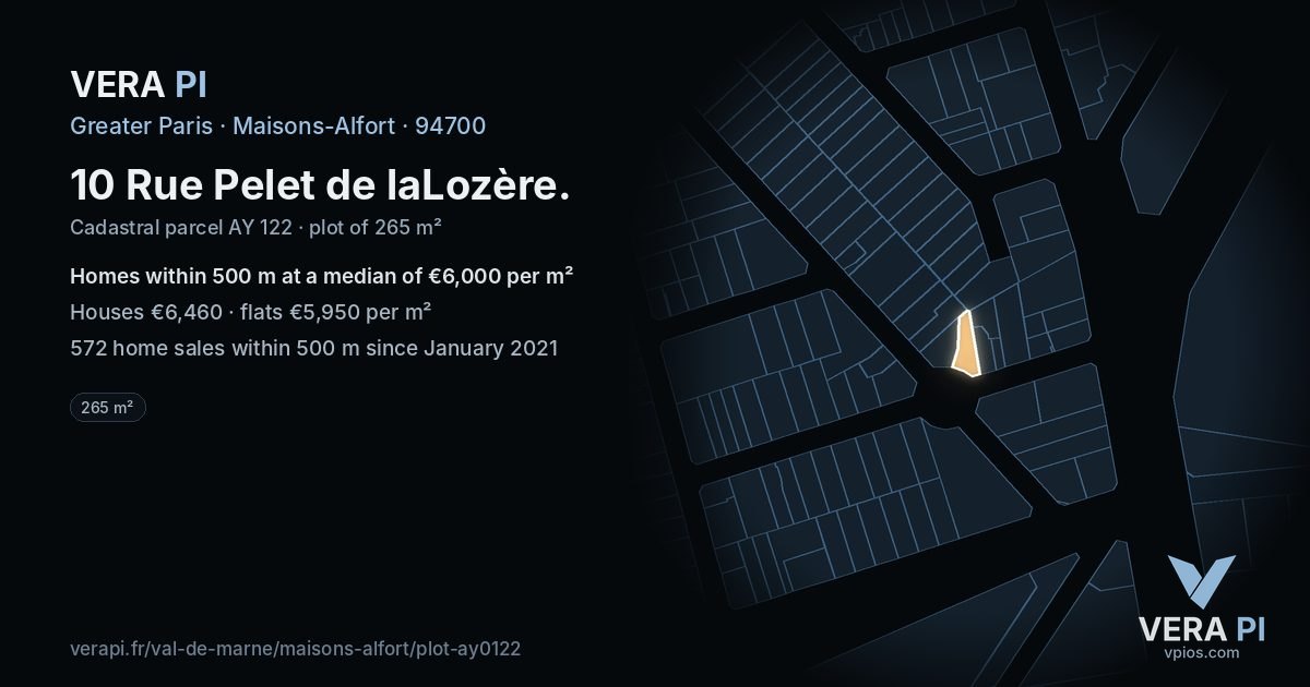 10 Rue Pelet de laLozère, Maisons-Alfort at night – the plot lit, the parcels around coloured by the prices near them