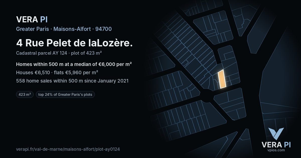 4 Rue Pelet de laLozère, Maisons-Alfort at night – the plot lit, the parcels around coloured by the prices near them