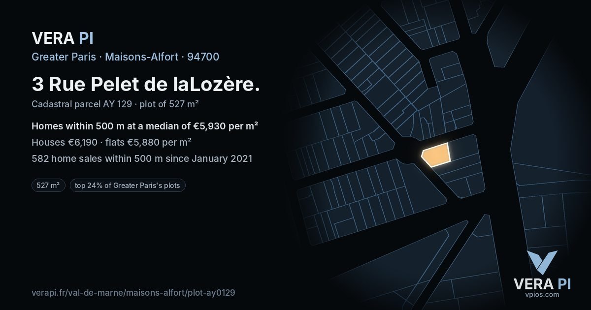 3 Rue Pelet de laLozère, Maisons-Alfort at night – the plot lit, the parcels around coloured by the prices near them