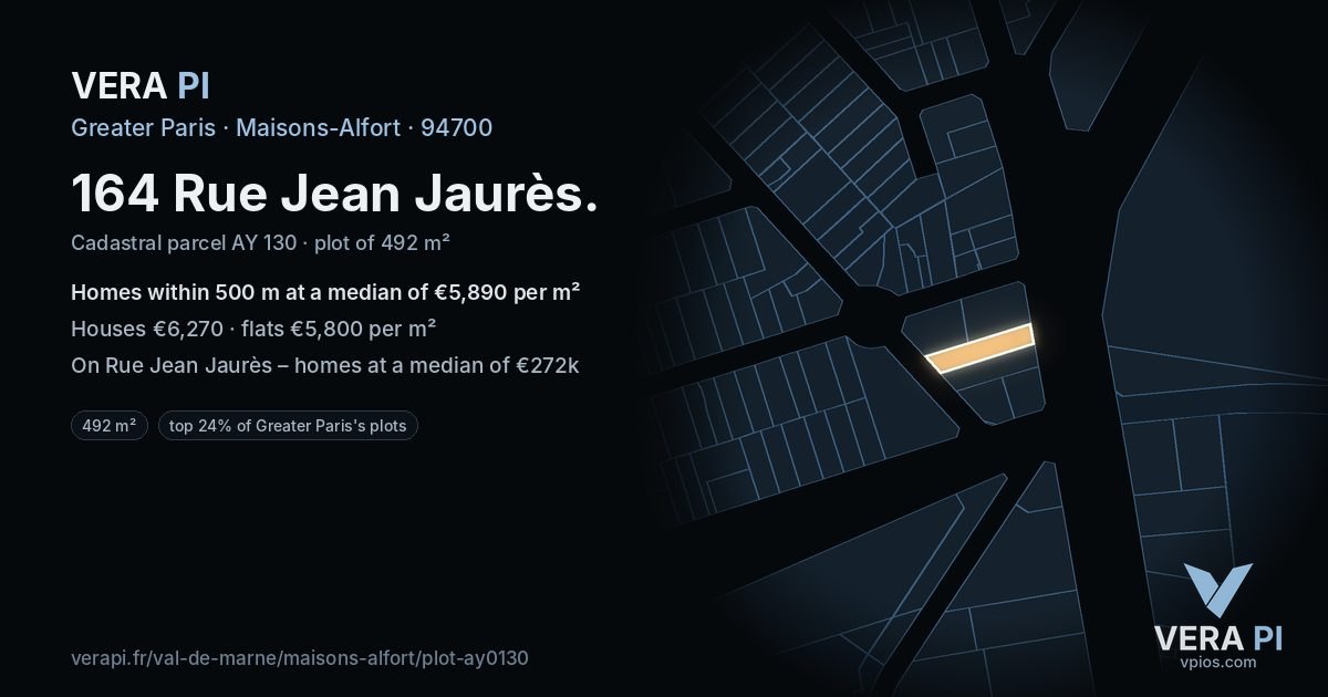 164 Rue Jean Jaurès, Maisons-Alfort at night – the plot lit, the parcels around coloured by the prices near them