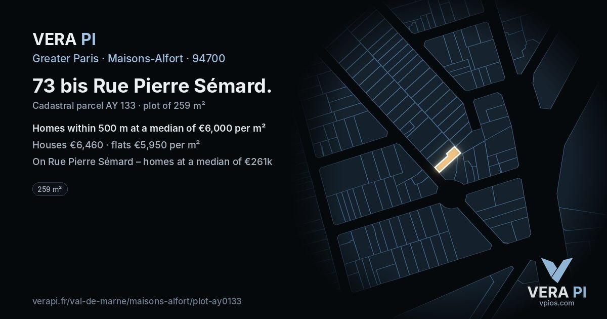 73 bis Rue Pierre Sémard, Maisons-Alfort at night – the plot lit, the parcels around coloured by the prices near them