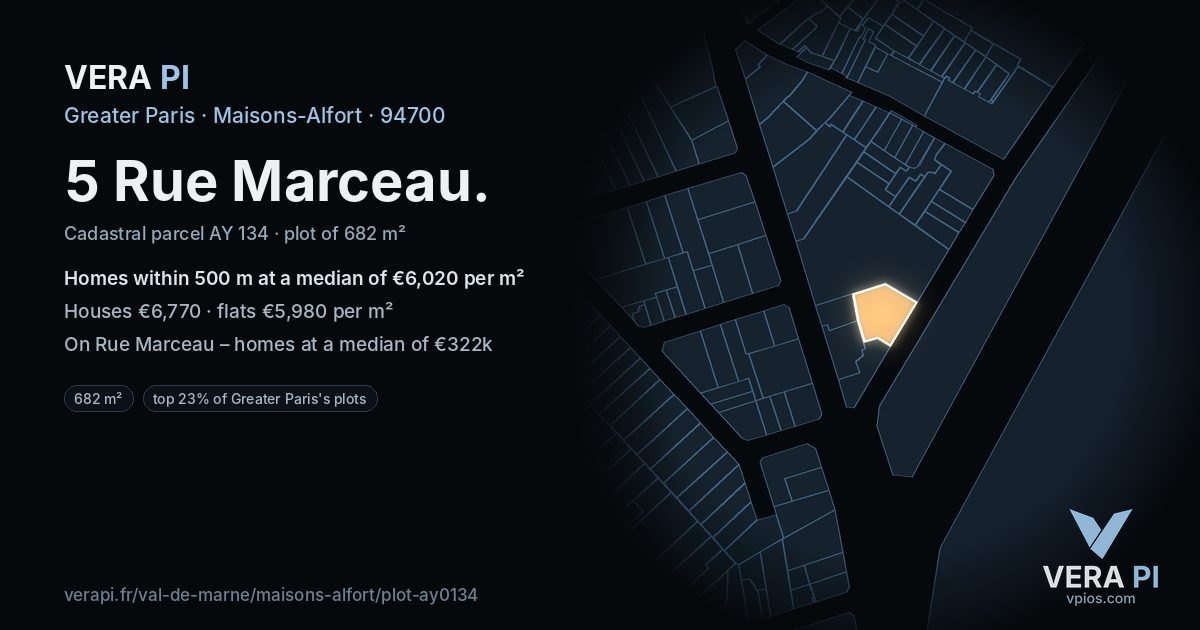 5 Rue Marceau, Maisons-Alfort at night – the plot lit, the parcels around coloured by the prices near them
