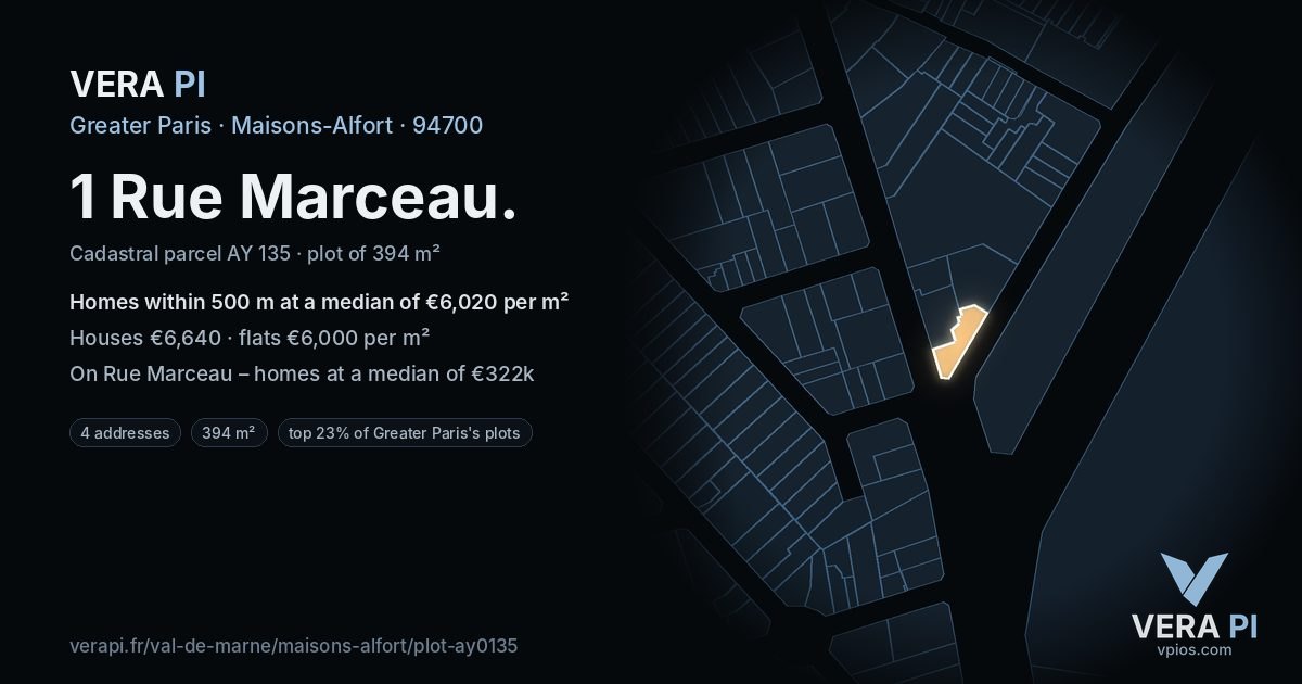1 Rue Marceau, Maisons-Alfort at night – the plot lit, the parcels around coloured by the prices near them