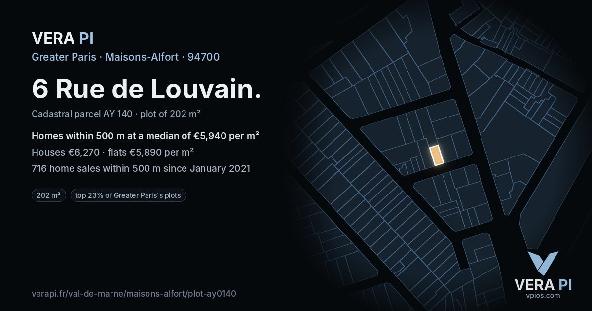 6 Rue de Louvain, Maisons-Alfort at night – the plot lit, the parcels around coloured by the prices near them