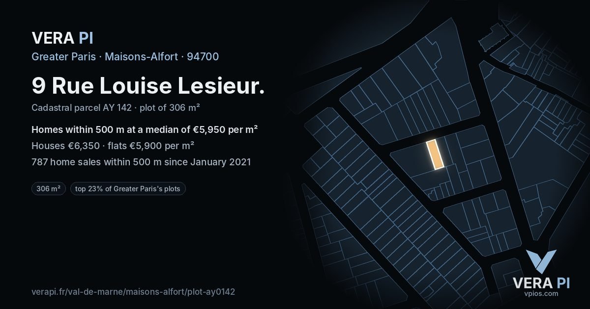 9 Rue Louise Lesieur, Maisons-Alfort at night – the plot lit, the parcels around coloured by the prices near them