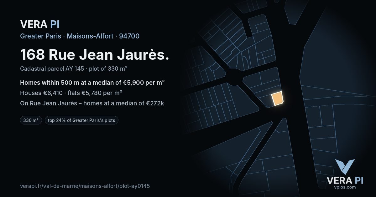 168 Rue Jean Jaurès, Maisons-Alfort at night – the plot lit, the parcels around coloured by the prices near them