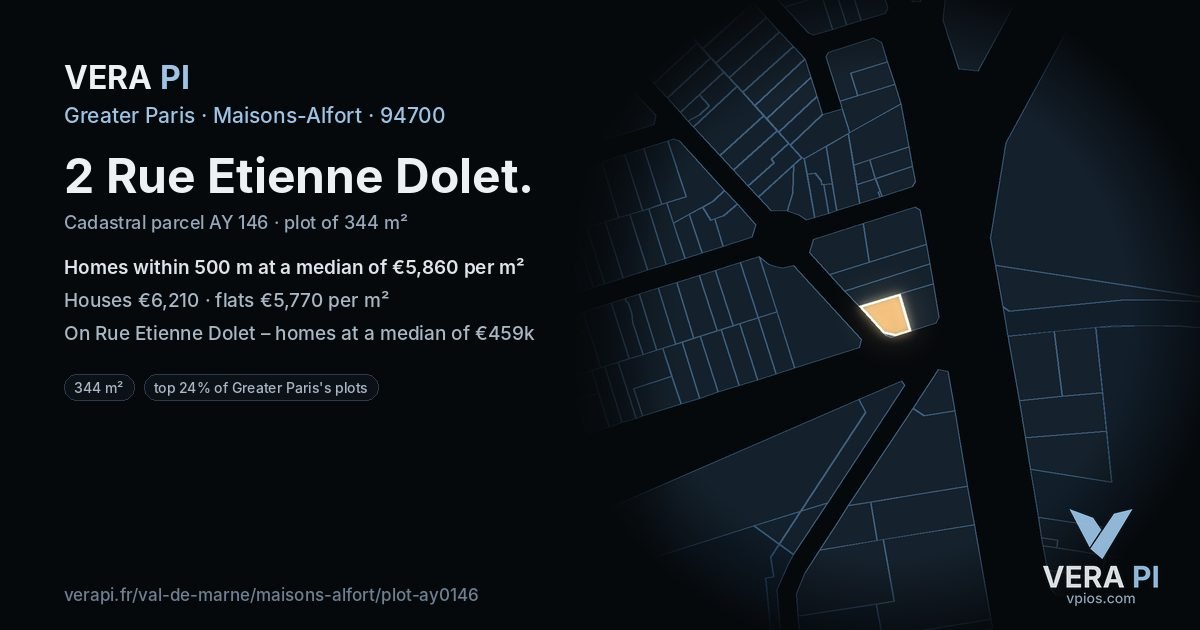 2 Rue Etienne Dolet, Maisons-Alfort at night – the plot lit, the parcels around coloured by the prices near them