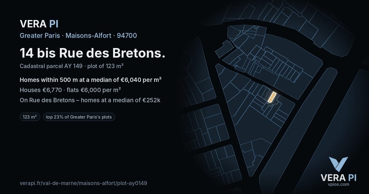 14 bis Rue des Bretons, Maisons-Alfort at night – the plot lit, the parcels around coloured by the prices near them
