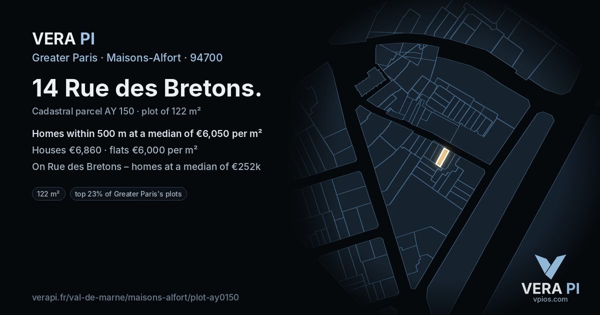 14 Rue des Bretons, Maisons-Alfort at night – the plot lit, the parcels around coloured by the prices near them