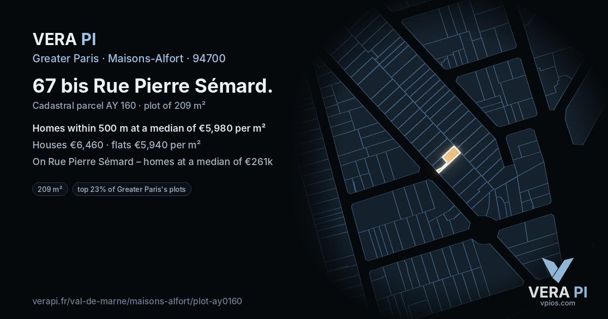 67 bis Rue Pierre Sémard, Maisons-Alfort at night – the plot lit, the parcels around coloured by the prices near them