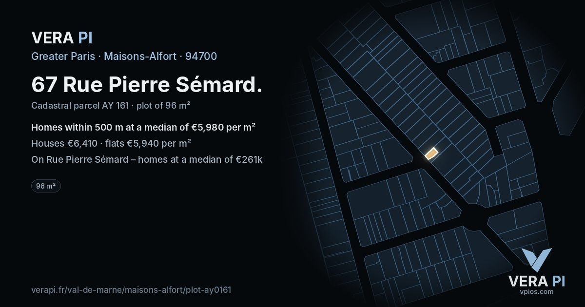 67 Rue Pierre Sémard, Maisons-Alfort at night – the plot lit, the parcels around coloured by the prices near them