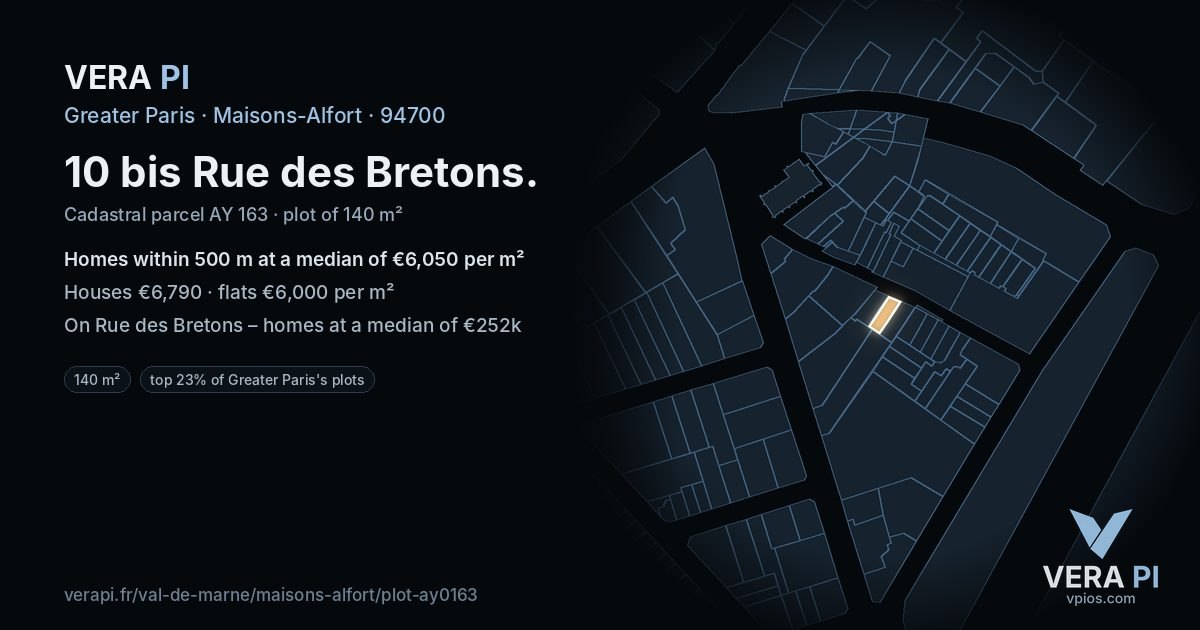 10 bis Rue des Bretons, Maisons-Alfort at night – the plot lit, the parcels around coloured by the prices near them