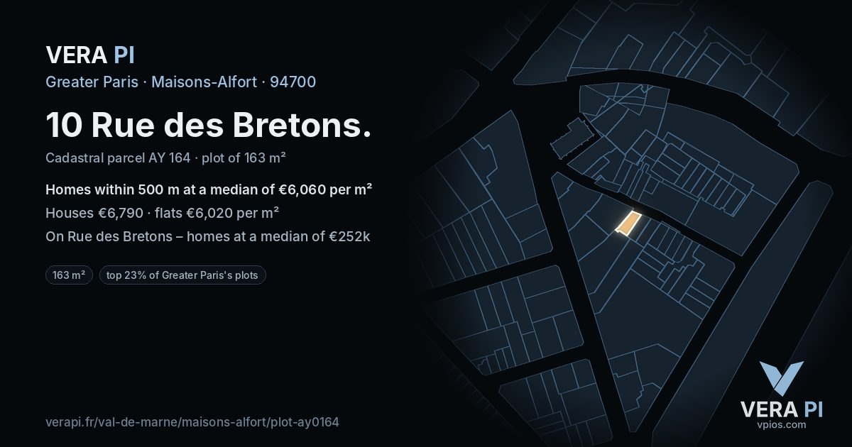 10 Rue des Bretons, Maisons-Alfort at night – the plot lit, the parcels around coloured by the prices near them