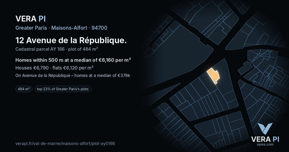 12 Avenue de la République, Maisons-Alfort at night – the plot lit, the parcels around coloured by the prices near them