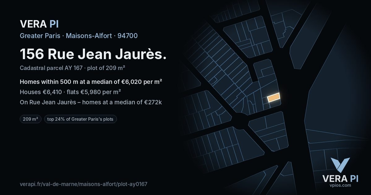 156 Rue Jean Jaurès, Maisons-Alfort at night – the plot lit, the parcels around coloured by the prices near them