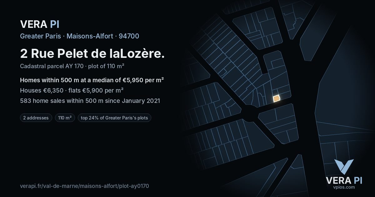2 Rue Pelet de laLozère, Maisons-Alfort at night – the plot lit, the parcels around coloured by the prices near them