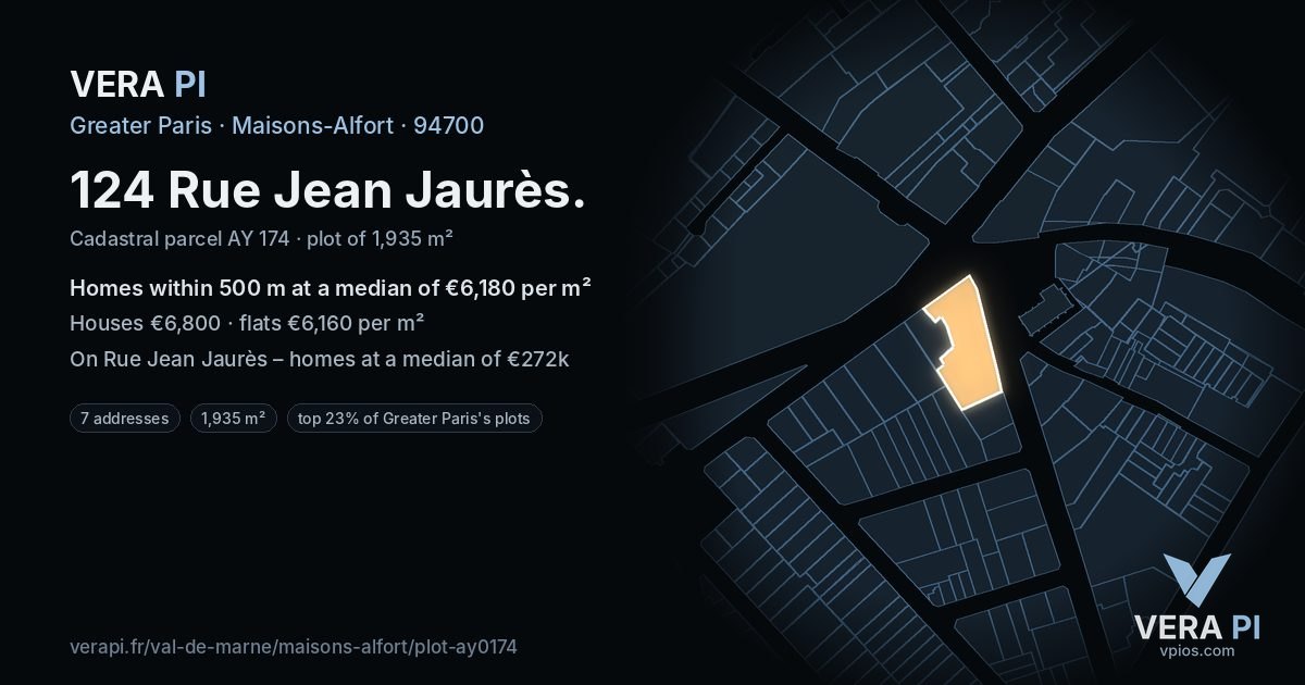 124 Rue Jean Jaurès, Maisons-Alfort at night – the plot lit, the parcels around coloured by the prices near them