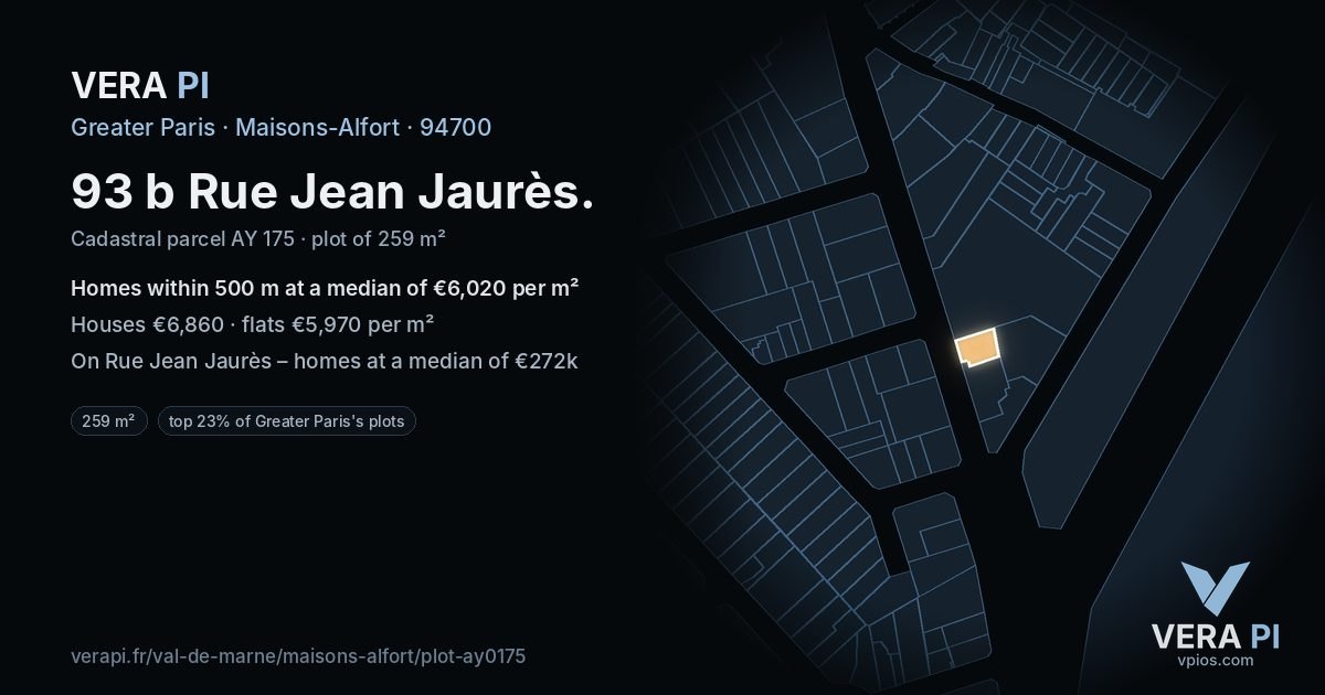 93 b Rue Jean Jaurès, Maisons-Alfort at night – the plot lit, the parcels around coloured by the prices near them