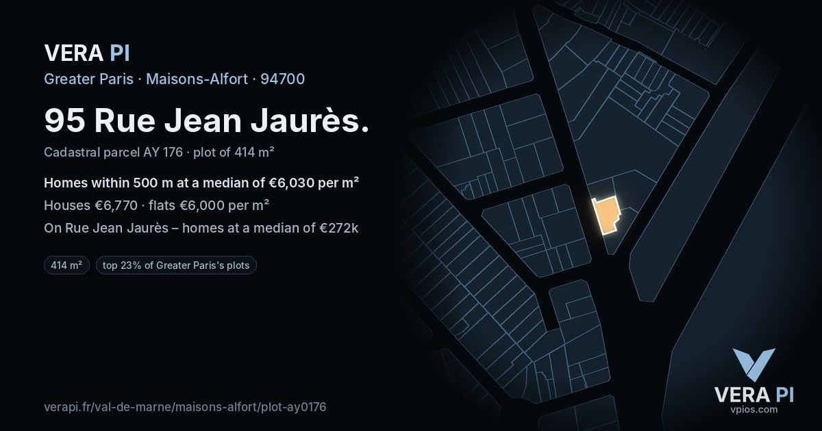 95 Rue Jean Jaurès, Maisons-Alfort at night – the plot lit, the parcels around coloured by the prices near them
