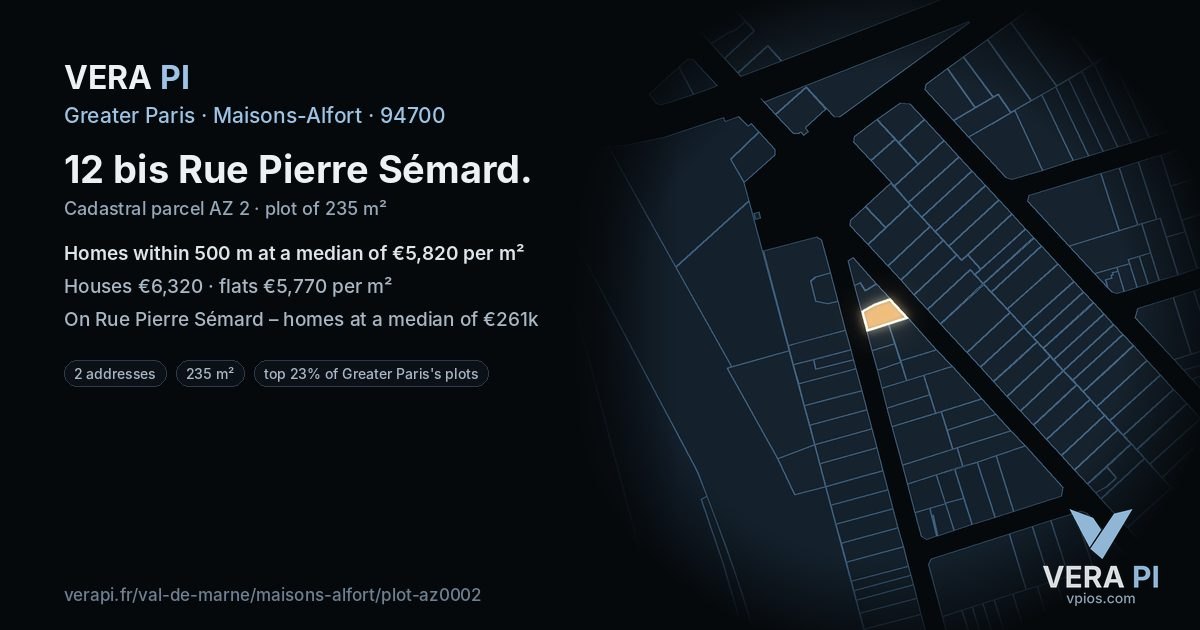 12 bis Rue Pierre Sémard, Maisons-Alfort at night – the plot lit, the parcels around coloured by the prices near them